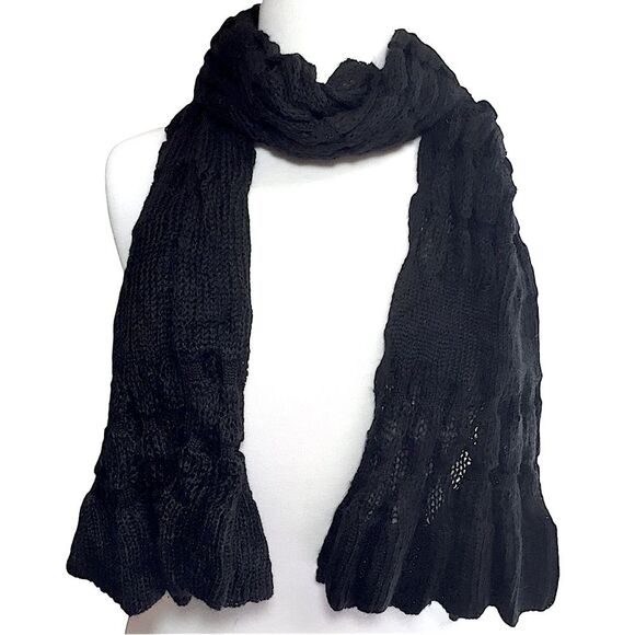 Black Knit Unique Puckered Long Winter Scarf - Picture 1 of 5